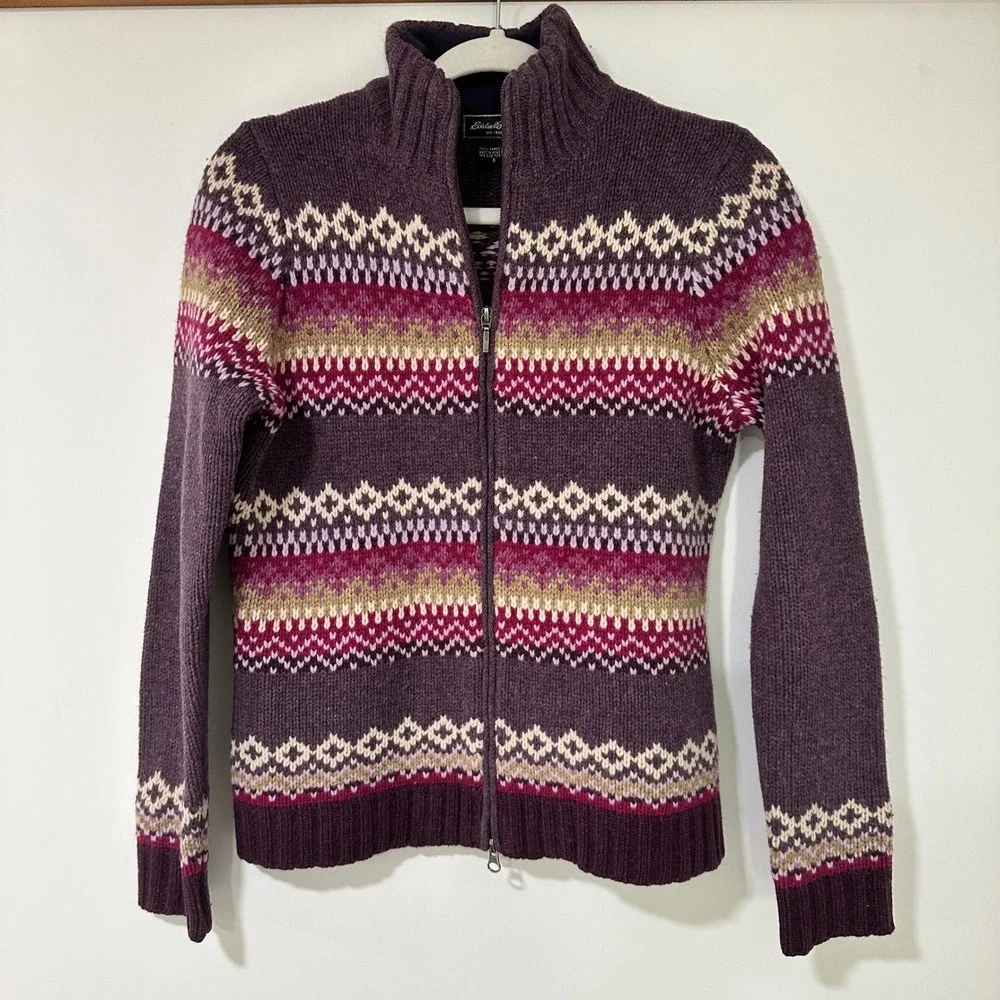 Eddie Bauer Lambswool Fair Isle Zip Up Cardigan Sweater Womens Small Purple